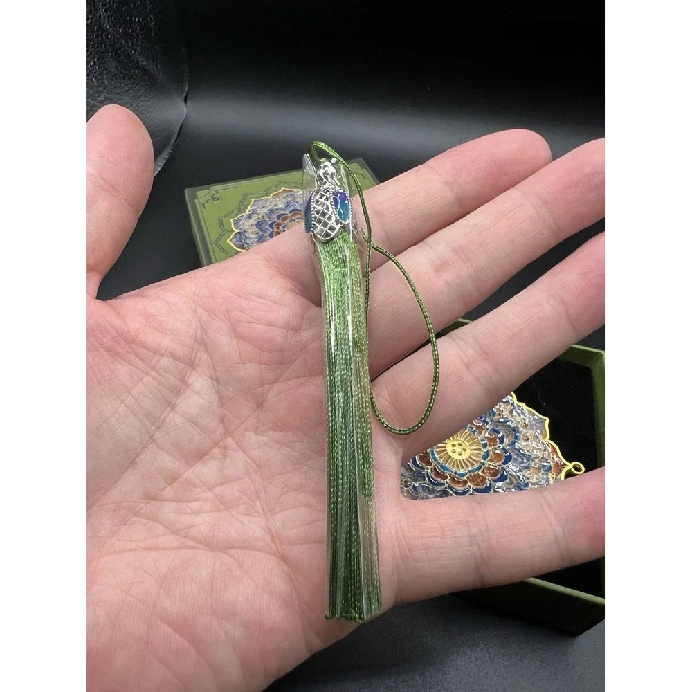 Chinese Cloisonne Enamel Hand Mirror Floral Medallion Green Tassel Gift Box